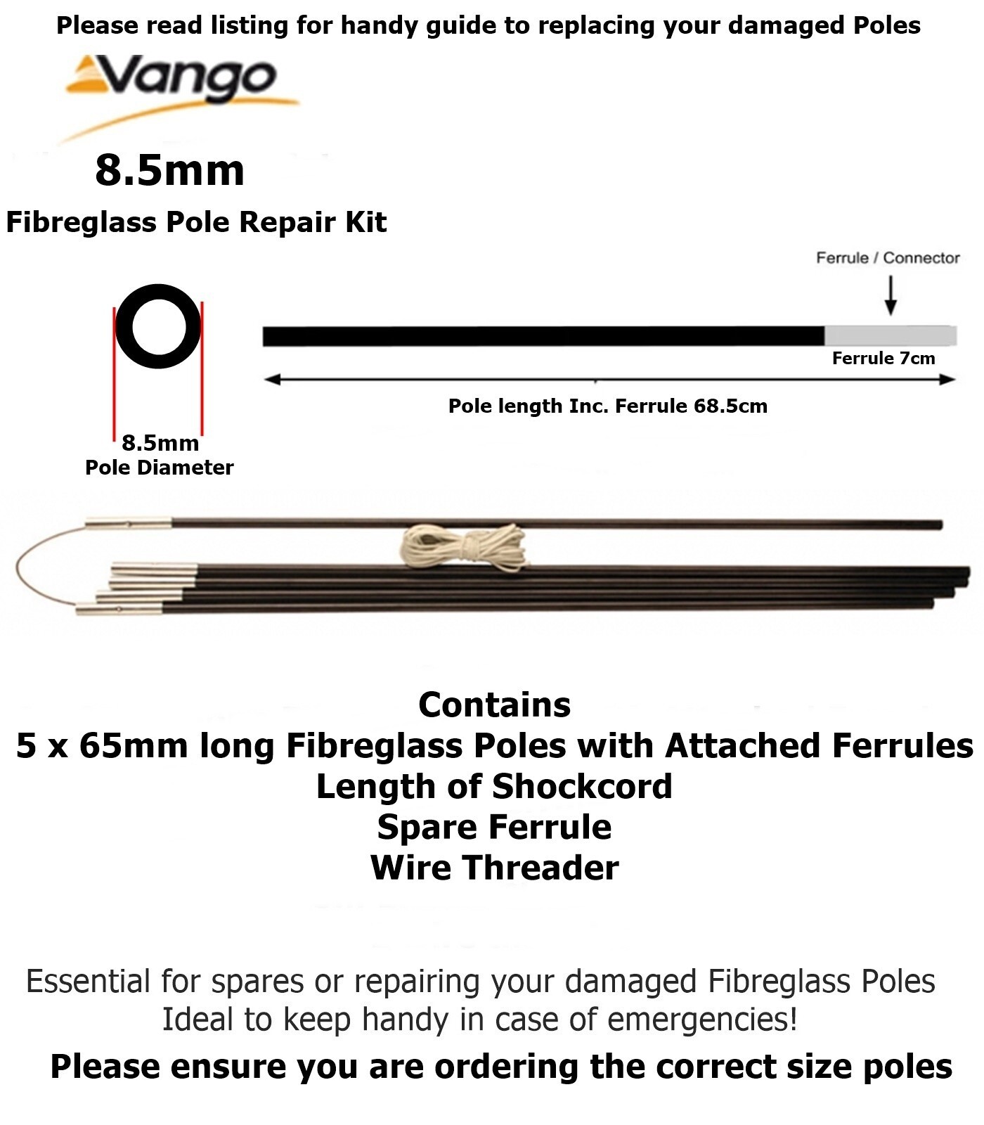 Vango Fibreglass Pole Repair Kit 8.5mm - Broken tent pole repair kit