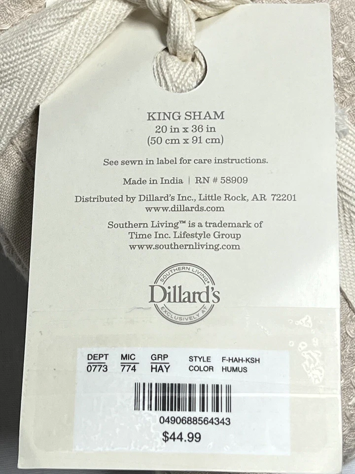Southern Living Hayden One King Sham Lino Algodón 20x36 Humus Beige Nuevo Foto 3 de 4