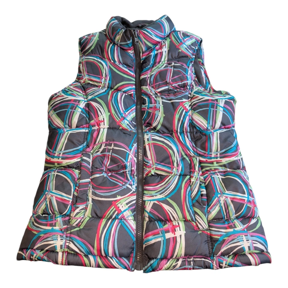 Antiguo Chaleco Puffer Azul Marino Niñas Grandes Talla XL 14 Gris Multicolor Signos de Paz Cremallera Frontal Foto 2 de 4
