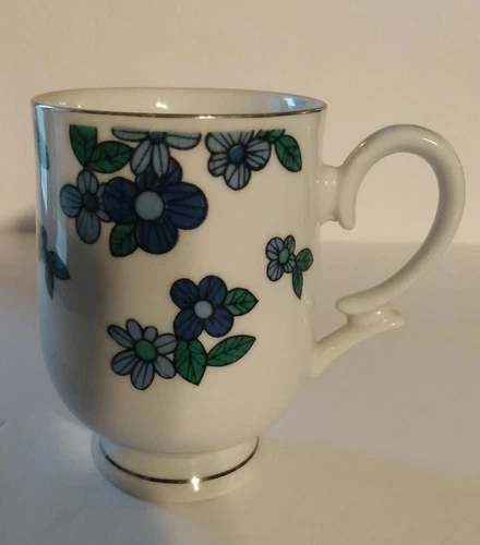 Translucent Porcelain Royalton China Blue Floral Pedestal Coffee Mug VTG Japan  