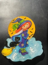 Vintage Halloween Wycięta kartonowa dekoracja Czarownica i kot na miotle USA