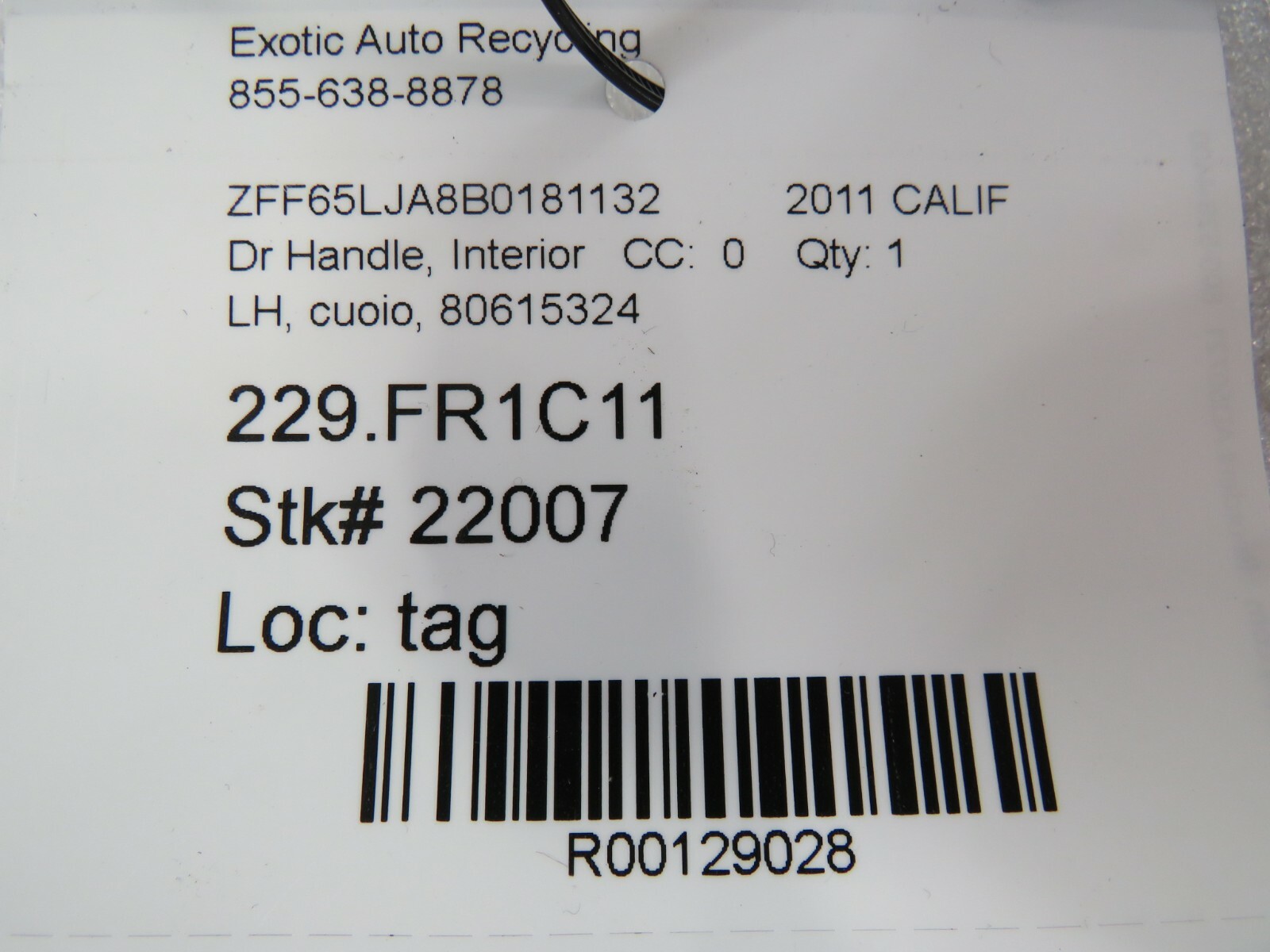 Ferrari California, LH, Left, Interior Door Handle, Cuoio, Used, P/N 80615324