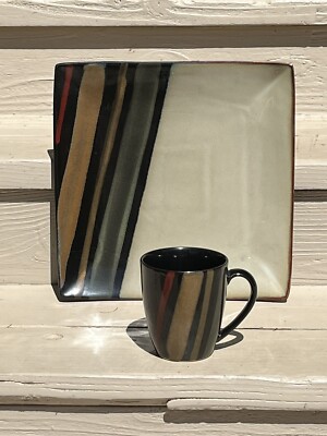 Sango Avanti Black Dinner Plates &Coffee Mugs (Set of 4) Stoneware