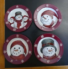 St Nicholas Square YULETIDE Set 4 Appetizer Bread Plates 6.5" Snowman Stoneware