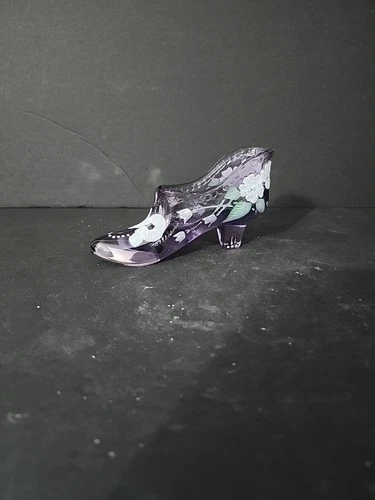 Vintage Fenton Lavender Glass Hand Painted Shoe Slipper (Signed by Artist)