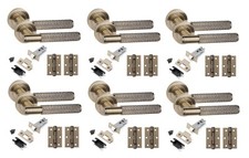 6 Set Straight T-Bar Linear Door Handles Set Hinges Latches Antique Brass Finish