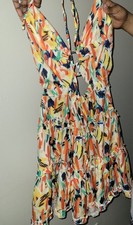 Multicolor Abstract Print Short Fit & Flare Dress Sleeveless V-Neck Cut-Out M