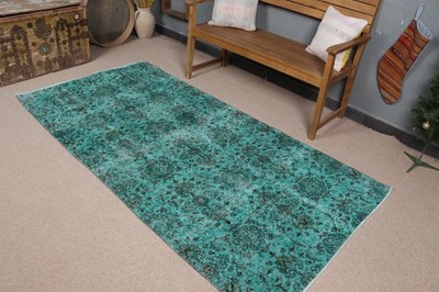 Vintage Area Rug 3,8x7,6 ft, Turkish Blue Ikat Wool Rug