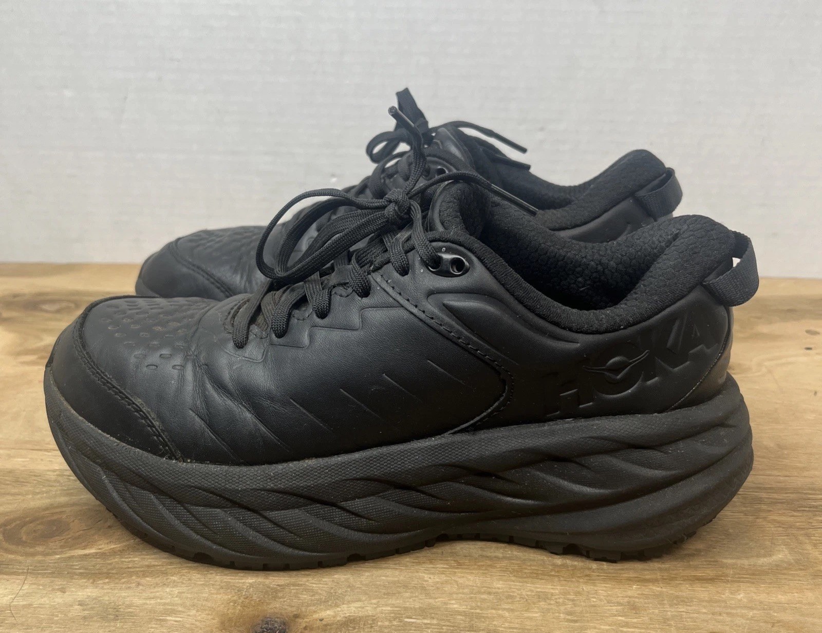 Hoka Bondi SR Men’s Black Leather Slip Resistant Athletic Running Shoes Sz 7