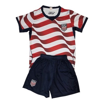 USA Youth Soccer Jersey & Shorts Set with USA Crest size 2,4,6,8,10,12,14 year o