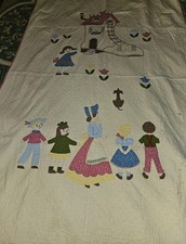 Vintage Appliqued  Embroidered "Children At Play" Childs Quilt 54" X 37" Read