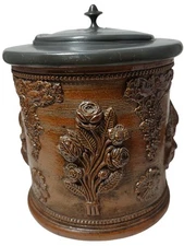 Antique French Salt Glazed Tobacco Jar Applied Flowers Birds Hinged Lid 8 In SEE