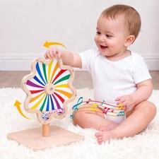 Spinning Activity Drum Toy with Sound, Montessori Wooden Sensory Toy for Babi...