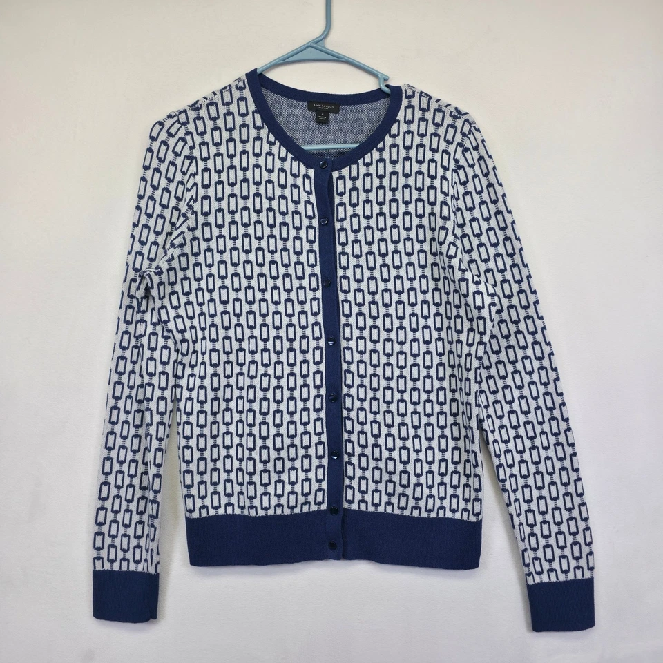 Cárdigan Ann Taylor Mujer M Azul Blanco Geométrico Eslabón Clásico Náutico Foto 3 de 4