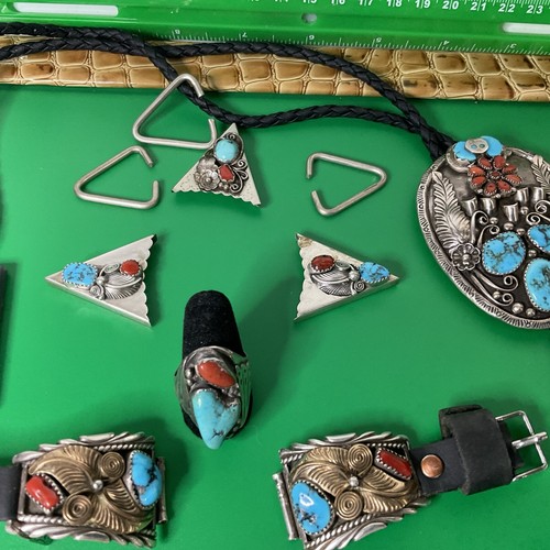 Vintage Navajo Sterling Silver Coral and Turquoise  Set H.SPENCER BOLO Tie 130 G