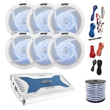 Pyle Marine 6-Channel Bluetooth Amp Kit,6x 5.25" White LED Speakers,50 Ft Wire