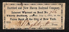 Hartford and New Haven Railroad Interest Warrant Coupon Payable 1871