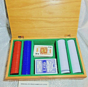 Vtg DayBranch Solid Oak Poker Gambler's Chest Chips Cards Brass Name Plate Wood