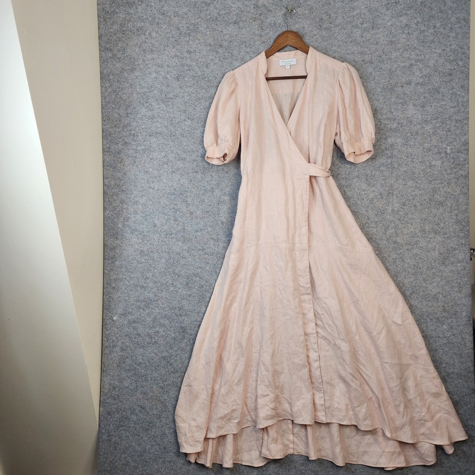WITCHERY Womens Dress Size 10 Pink French Linen Wrap Puff Sleeve Midi High Low
