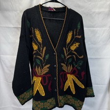 Vintage J.J. Poole Cardigan Sweater Black Harvest Wheat Knit Made in USA