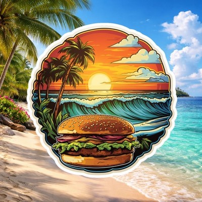 2'' Paradise Cheeseburger, Tropical, Beach, Island, Music, Food, Ocean, Burger