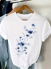 Women Floral Graphic T-Shirt Cute Flower Casual Crew Neck Short Sleeve Tee Top