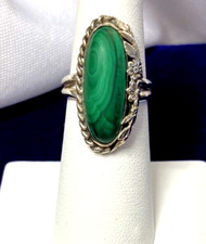 925 Silver Malachite Ring /Leaves and Flowers Setting Size 6 Stone 20x8mm