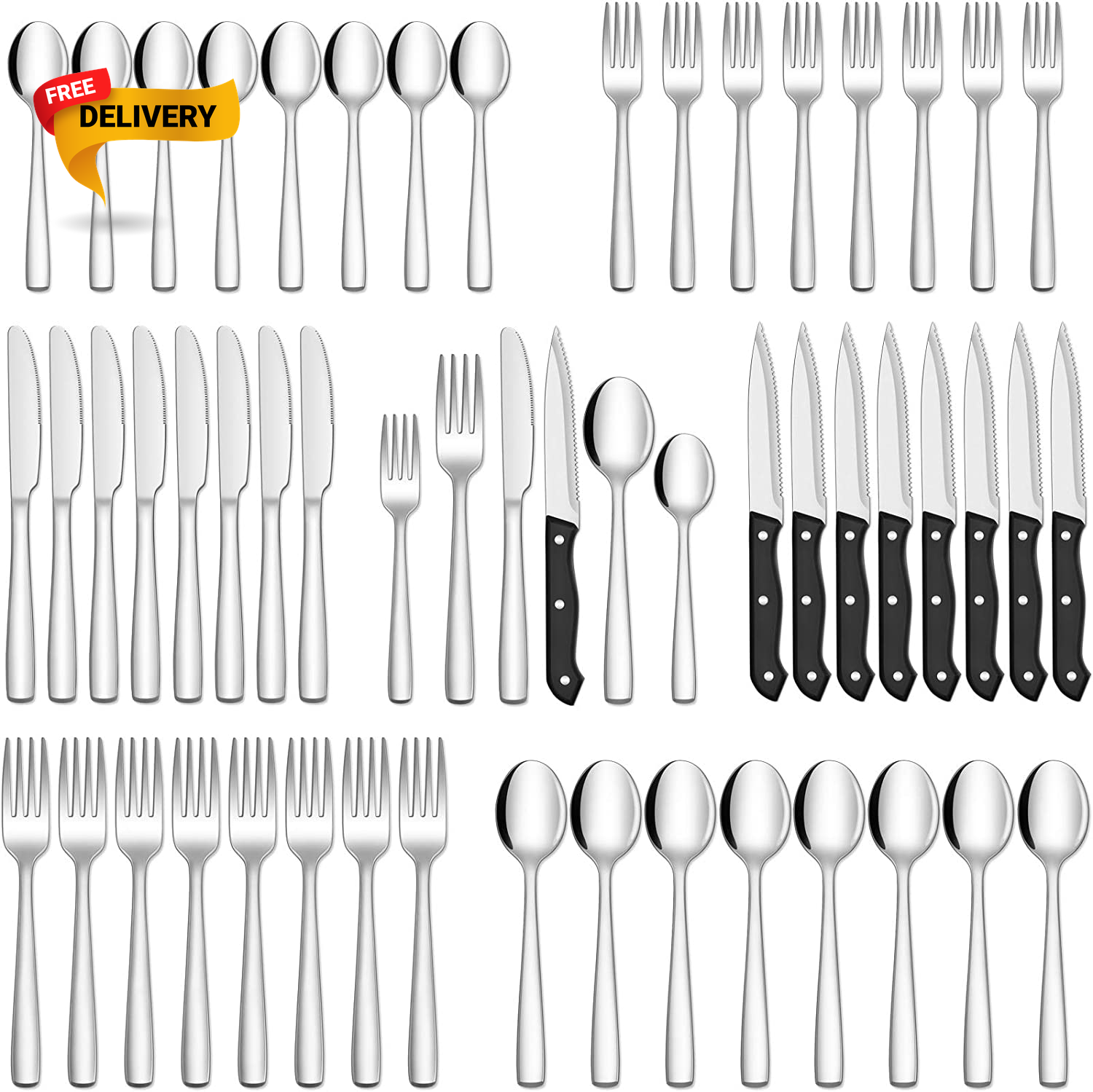 48-Piece Silverware Set with Steak  for 8,18/8 Stainless Steel Flatware...