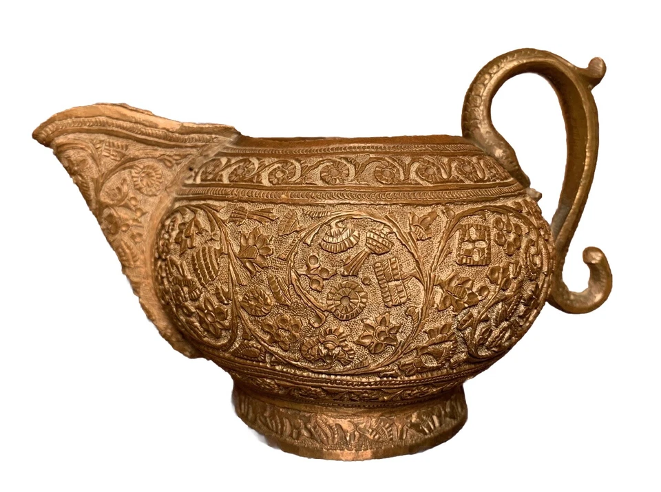 "Excepcional olla de cobre india antigua mango de serpiente 5"" antigua reposada floral" Foto 3 de 4