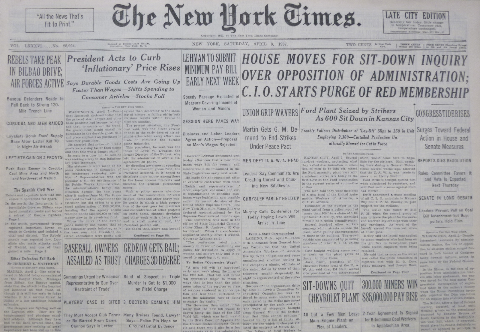 4-1937 April 3 REBELS TAKE PEAK IN BILBAO DRIVE; AIR FORCES ACTIVE. BASQUE Times