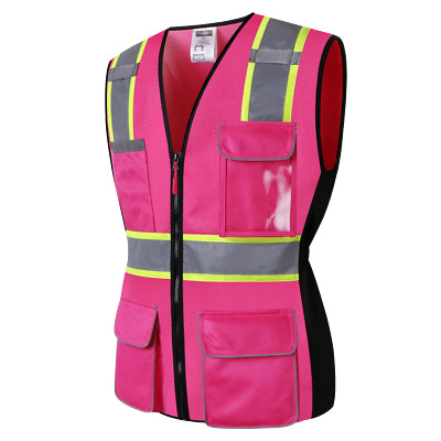 High Reflective Safety Vest for Women Pink Black With Pockets And Zipper