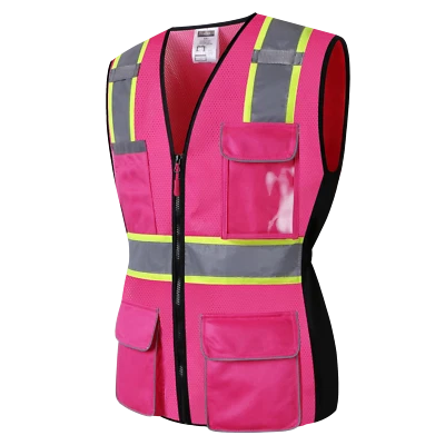 JKWEARSA High Reflective Safety Vest for Women Pink Black With Pockets And Zipper