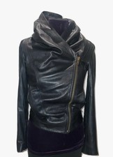 Helmut Lang Hooded Leather Sheepskin Biker Jacket Women Black - Petite
