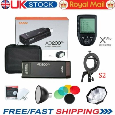 Reino Unido Godox AD200pro TTL HSS Flash + Soporte S2 + Filtro de color + Softbox + Kit de disparo Xpro