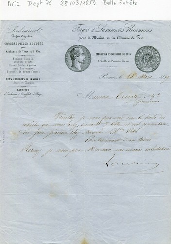 Dépt 76 - Rouen 23 Quai Napoléon - Belle Entête Forges pour la Marine & CDF 1859 - 第 1/1 張圖片
