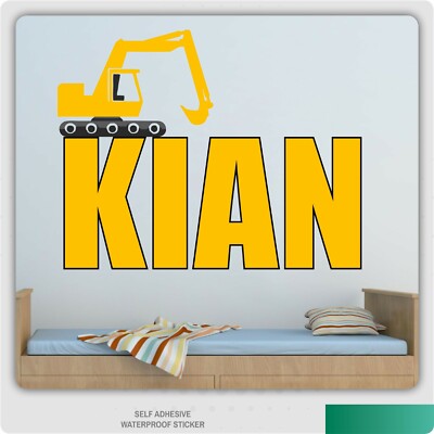 Personalisierter Wandbild-Aufkleber Name Bagger Kinderzimmer Junge Baumeister 
