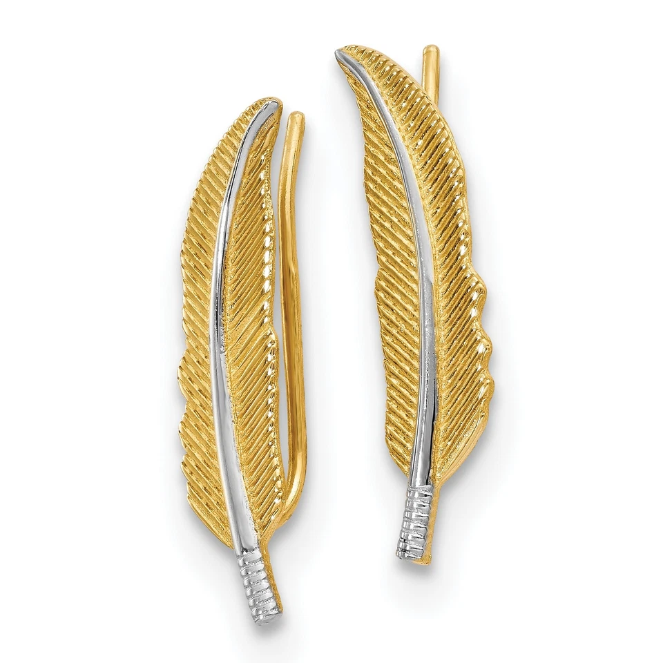 14k Two-Tone Gold Polished Feather Ear Climber Earrings - Image 2 of 4
