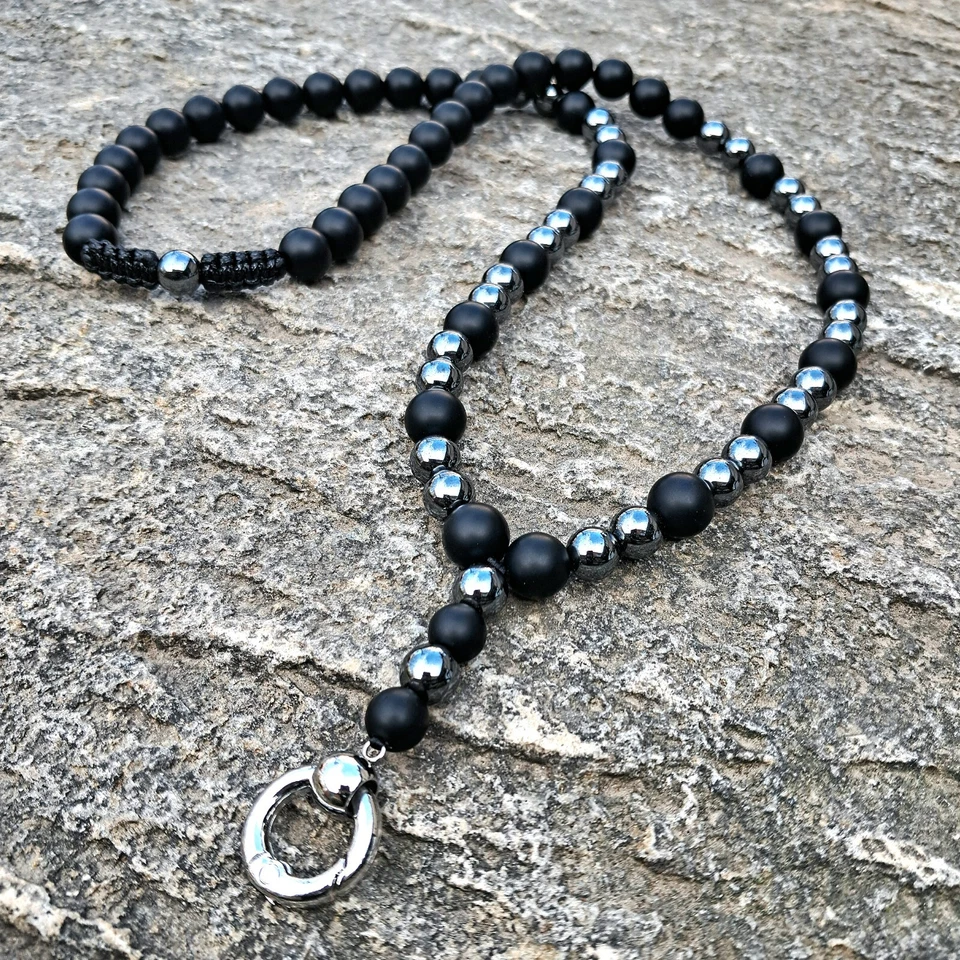 Herren Halskette Onyx Ring Verschluss Männer Schwarz Perlenkette Onyxkette - Bild 2 von 4