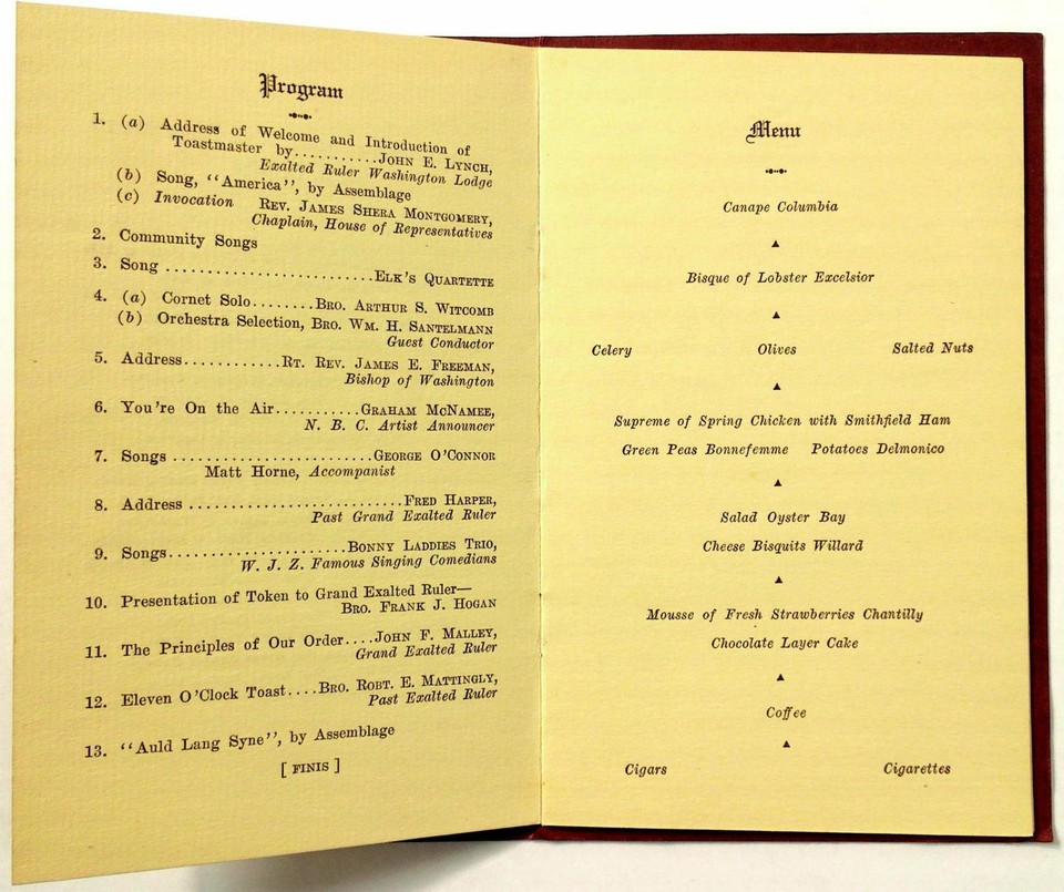 1928 Dinner Menu BPOE ORDER OF ELKS LODGE 15 Willard Hotel Washington