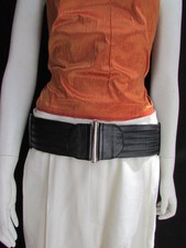 WOMEN HIGH WAIST HIP BLACK CUT OUT STRIPES WIDE ELASTIC FAUX LEATHER BELT S M