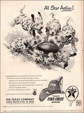 1952 vintage ad TEXACO FIRE CHIEF Gasoline Dalmation Pups Play Football 121624