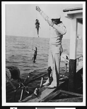 A Man On A Boat Holding Up His Stringer With A Caught Fish 1930 Ca - Old Photo