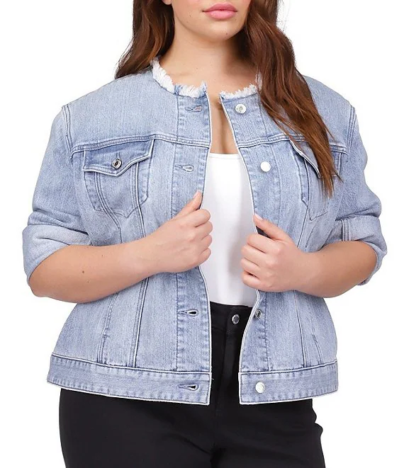 $175 Michael Kors Denim Frayed Button Front Jacket, Sky Haze Wash