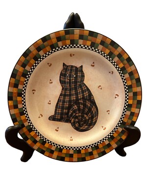 Sakura Debbie Mumm Halloween 8'' Plate Cat Candy Corn Plaid Border 1998