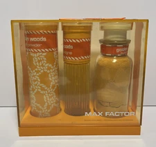 Vintage MAX FACTOR Golden Woods Parfum Cologne Bath Powder Bubbling Set Perfume