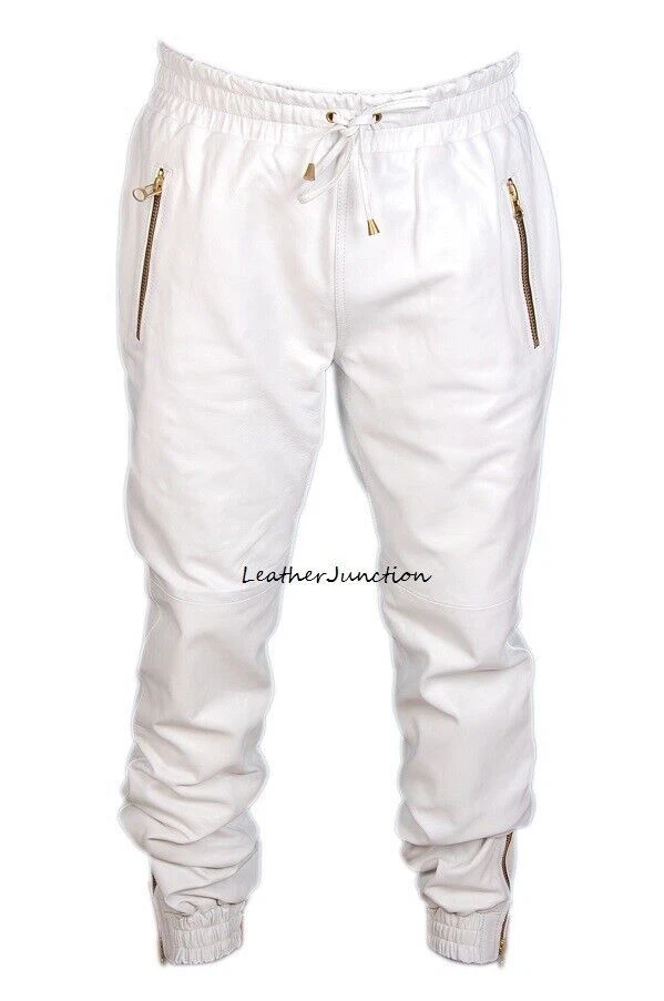 New Men's White Leather Pant Real Lambskin Sweat /Jogger Trousers pant SC-027
