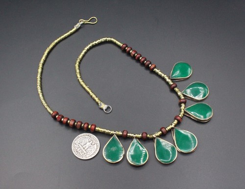 Afghan Alpaka Green Enamel necklace, Belly Dance Tribal Necklace, Kuchi Necklace - Picture 3 of 8