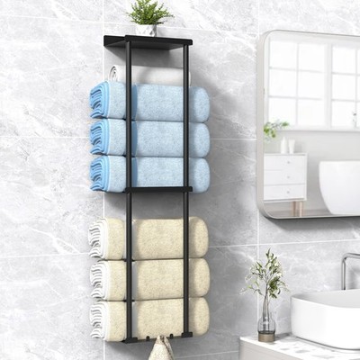 Bathroom Towel Holder, Vertical Rolled Storage Rack With Shelf, Black