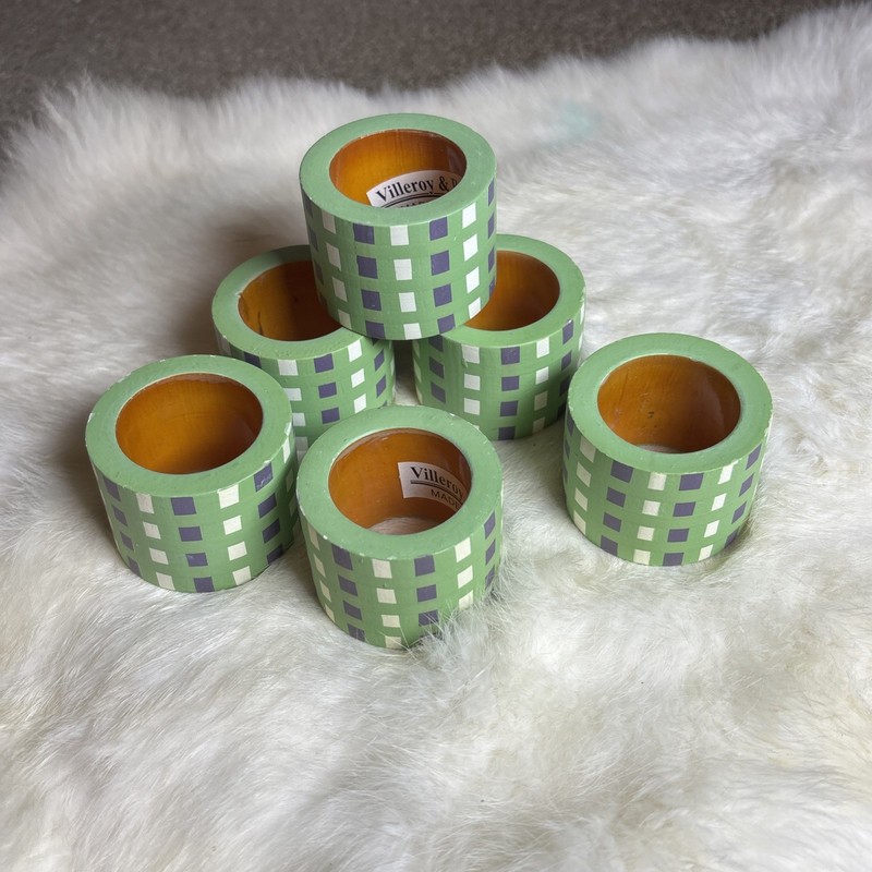 Rare Vintage Villeroy &Boch 6 Bamboo Napkin Rings Square Polka dot Summer Green+