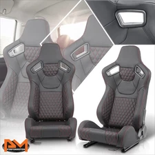 2Pcs Reclinable Quilted Pattern Red Stitching Racing Seats w/ Bottom Sliders
